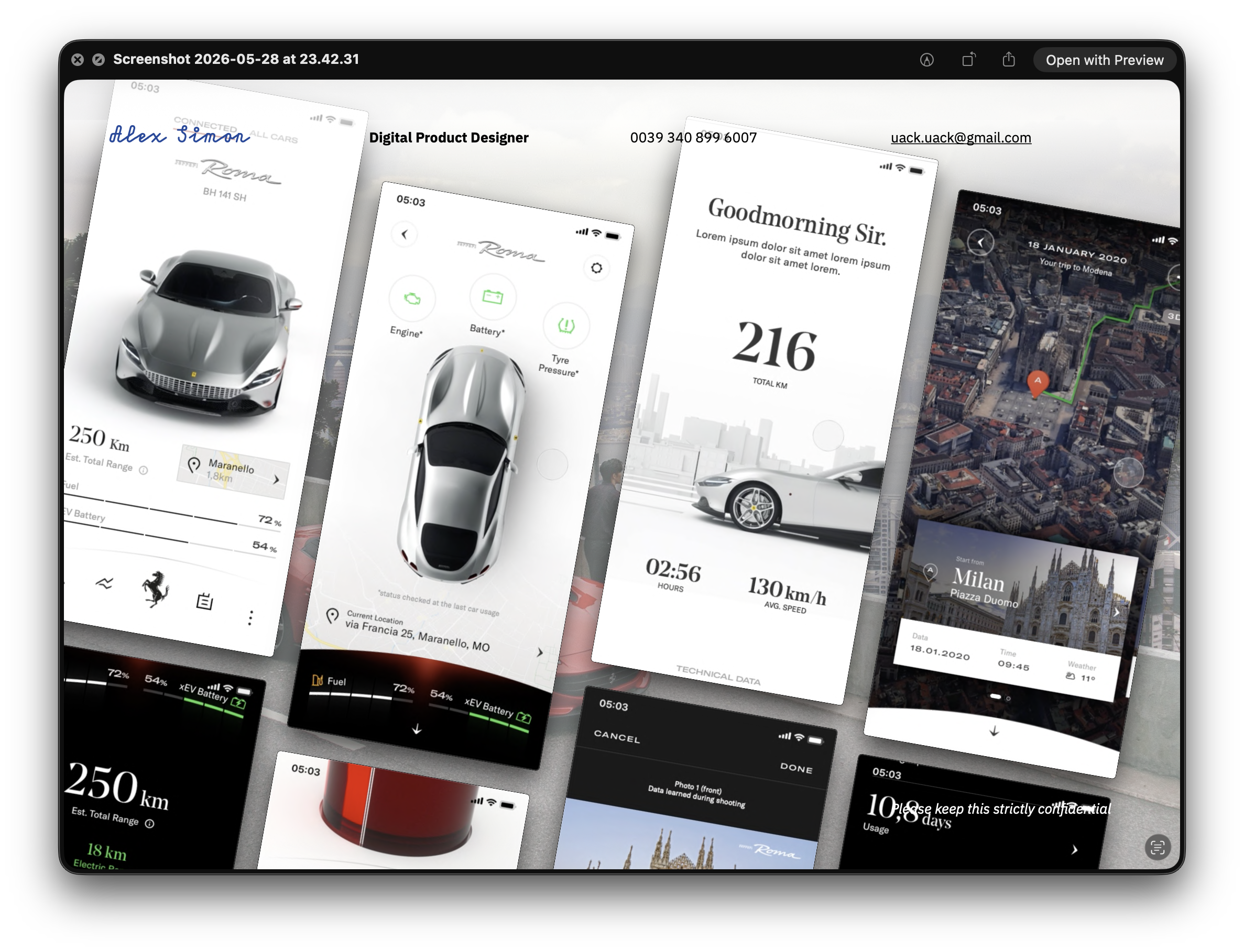 Ferrari Connesso — app prototype screens: vehicle readiness, performance data, navigation