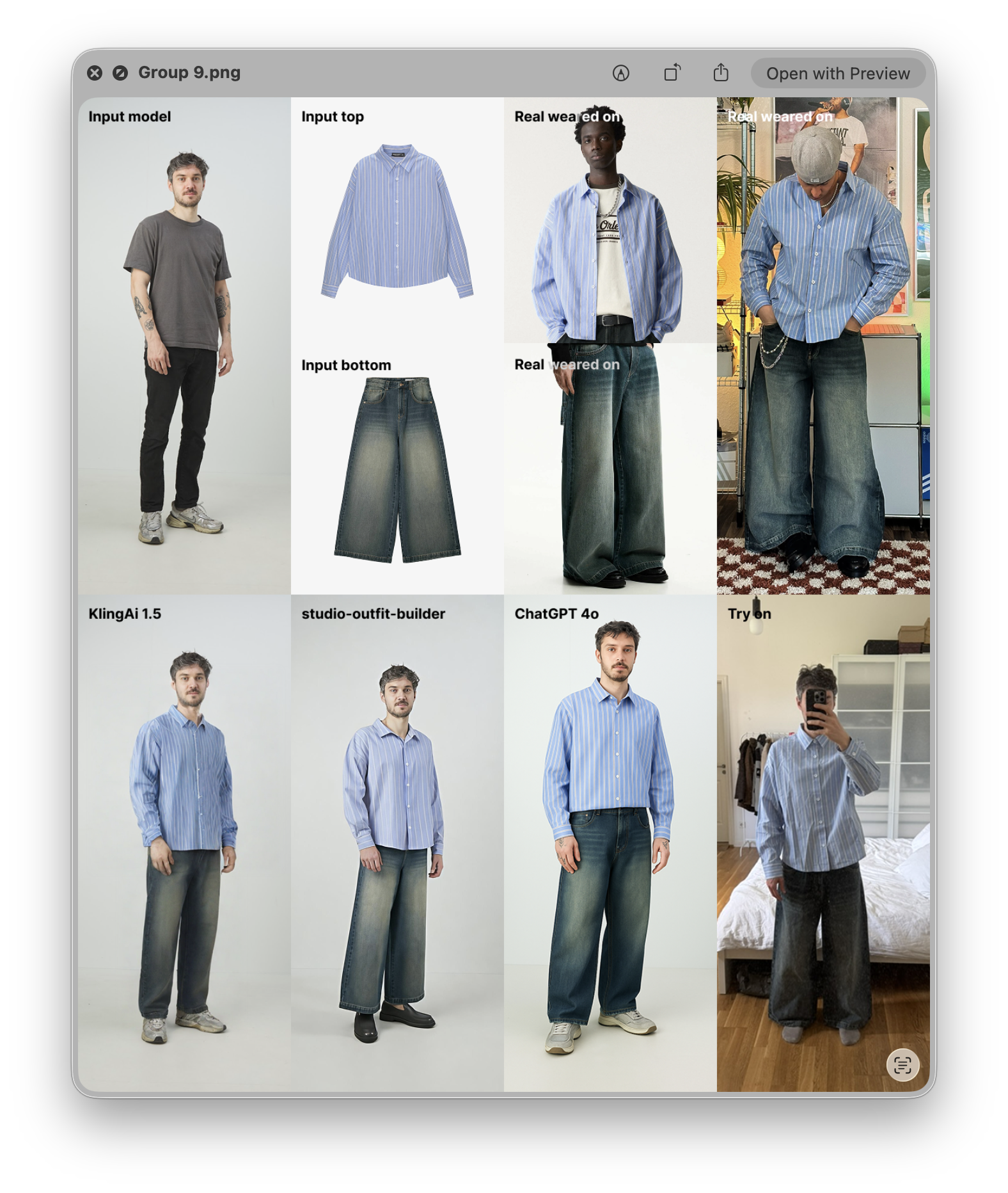 Virtual outfit generation experiments — KlingAI, studio-outfit-builder, ChatGPT 4o, Try-on comparison